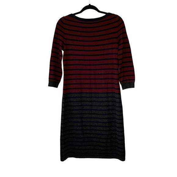 Talbots striped burgundy grey navy wool blend sweater dress with pockets. Size S - Picture 2 of 10